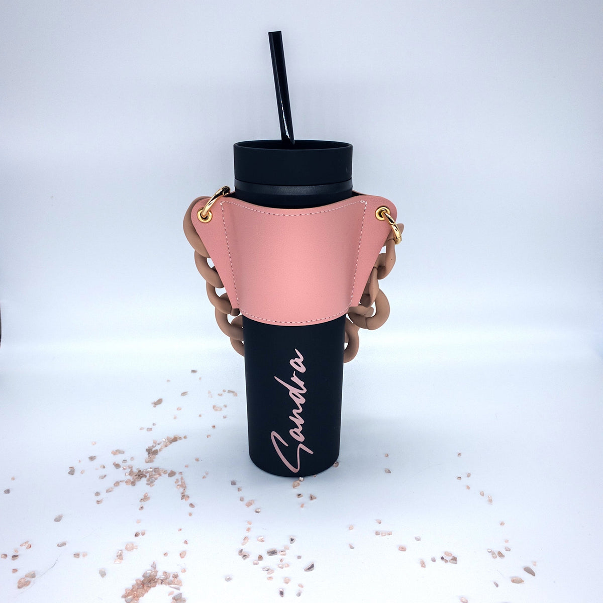 **COMBO**Personalized Matte Black Acrylic Tumbler AND Reusable Pink Cup Sleeve Purse